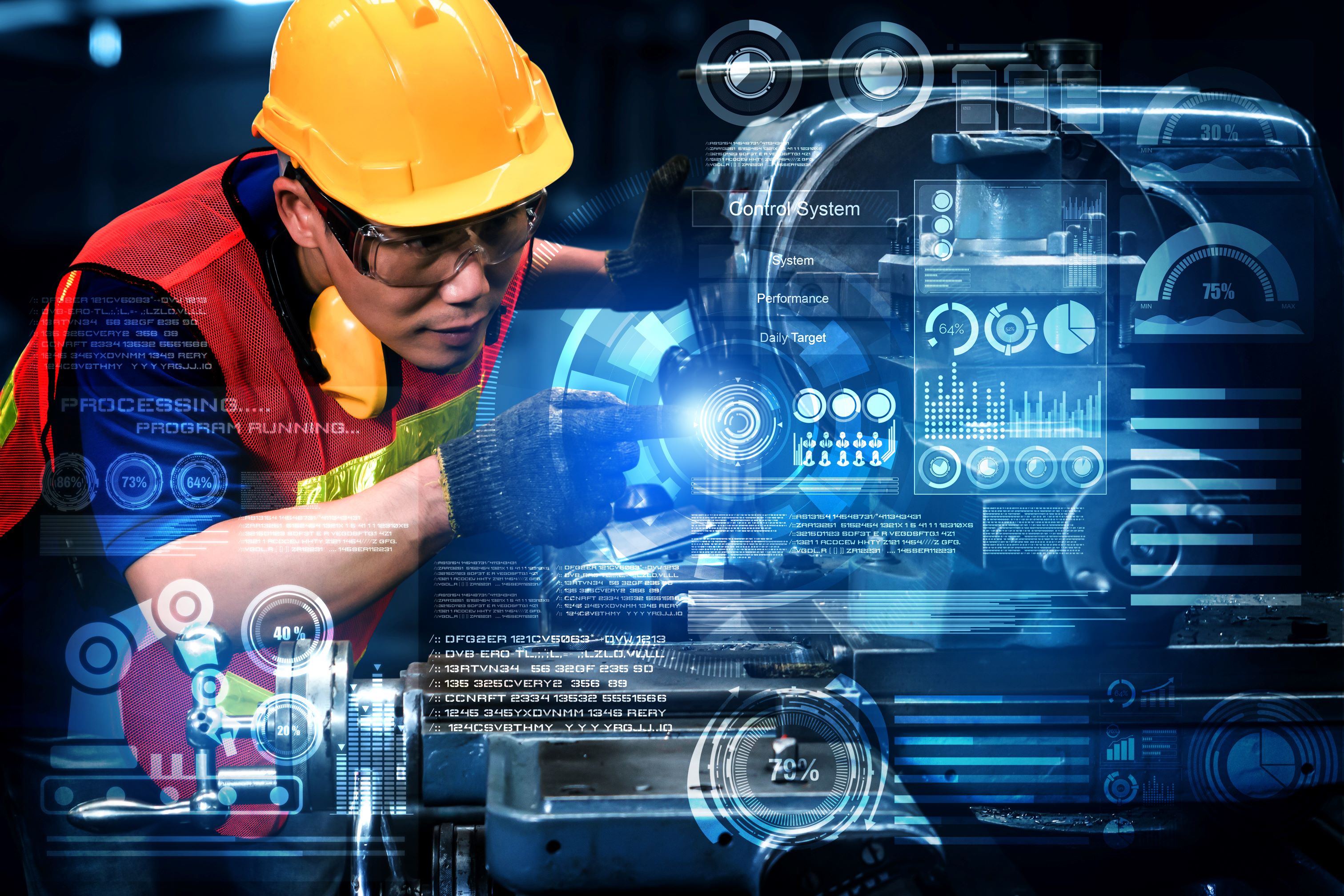 Man in hard hat examining futuristic train locomotive