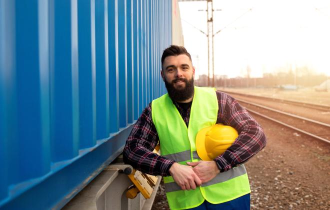 Man in high viz and holding hard hat by freight carriage